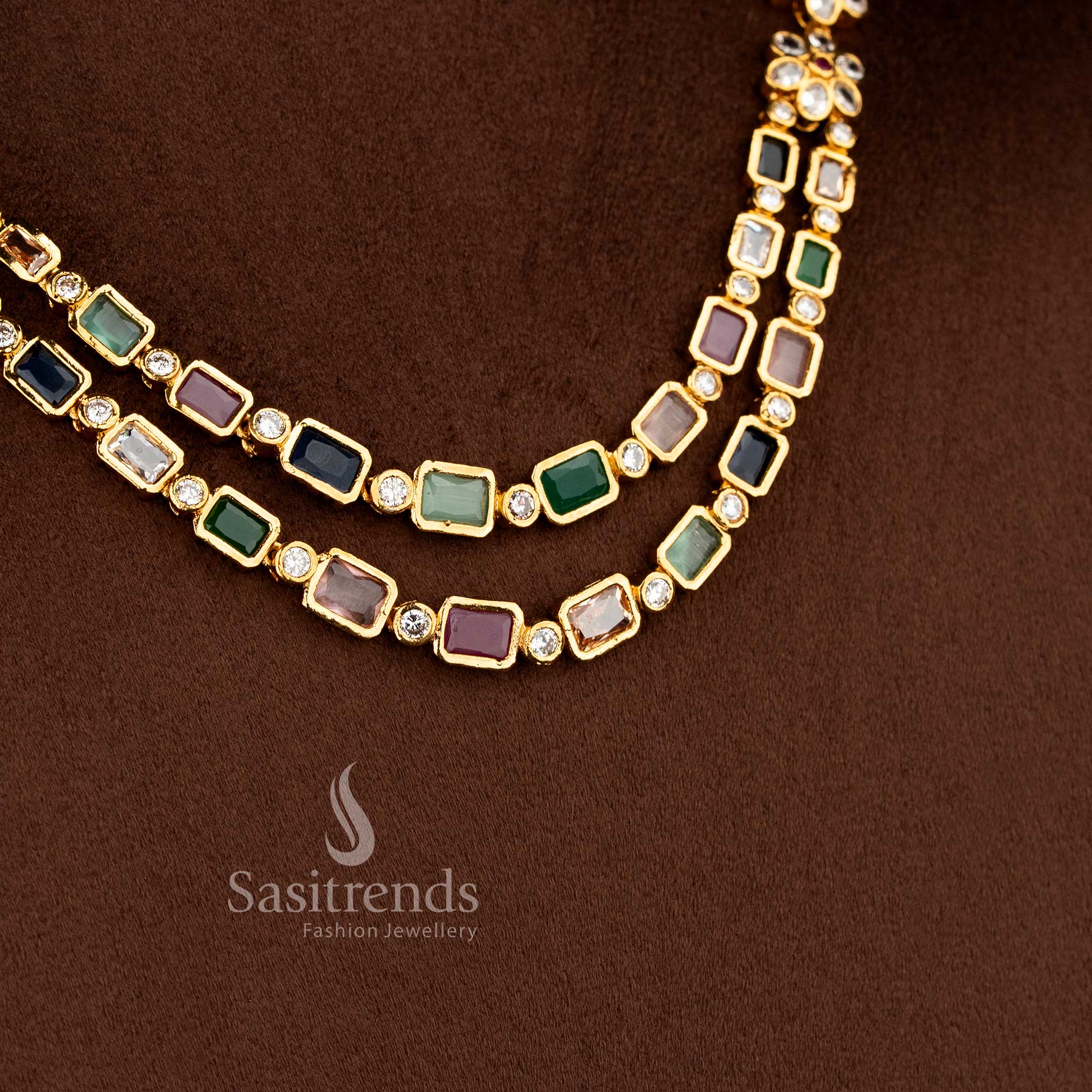 Royal big American diamond matte gold double layer floral baguette necklace jewellery set, stylish accessory for cultural celebrations - Sasitrends