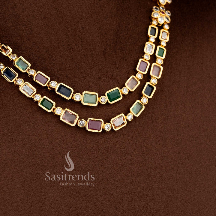 Royal big American diamond matte gold double layer floral baguette necklace jewellery set, stylish accessory for cultural celebrations - Sasitrends