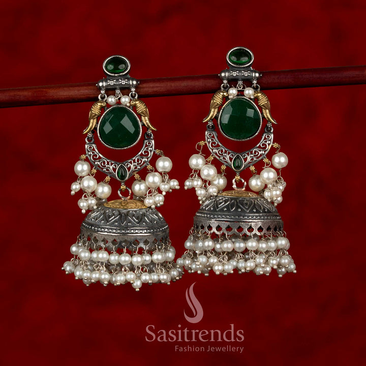 Serene dual tone 92.5 silver plated oxidised bird crescent dangler earrings green colour for cultural functions Sasitrends