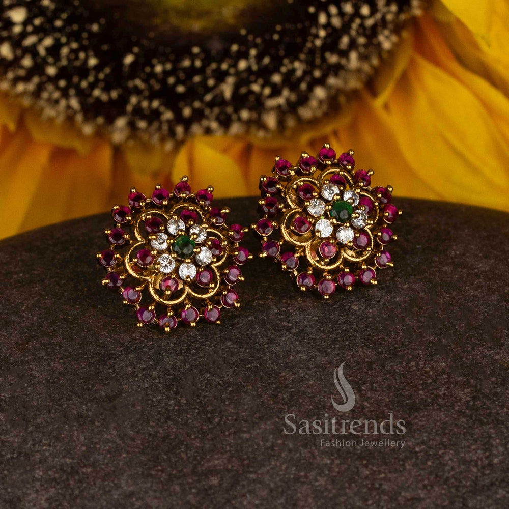 Ethereal bloom matte gold plated temple circular stud earrings featuring Multi stone highlights for festive radiance - Sasitrends