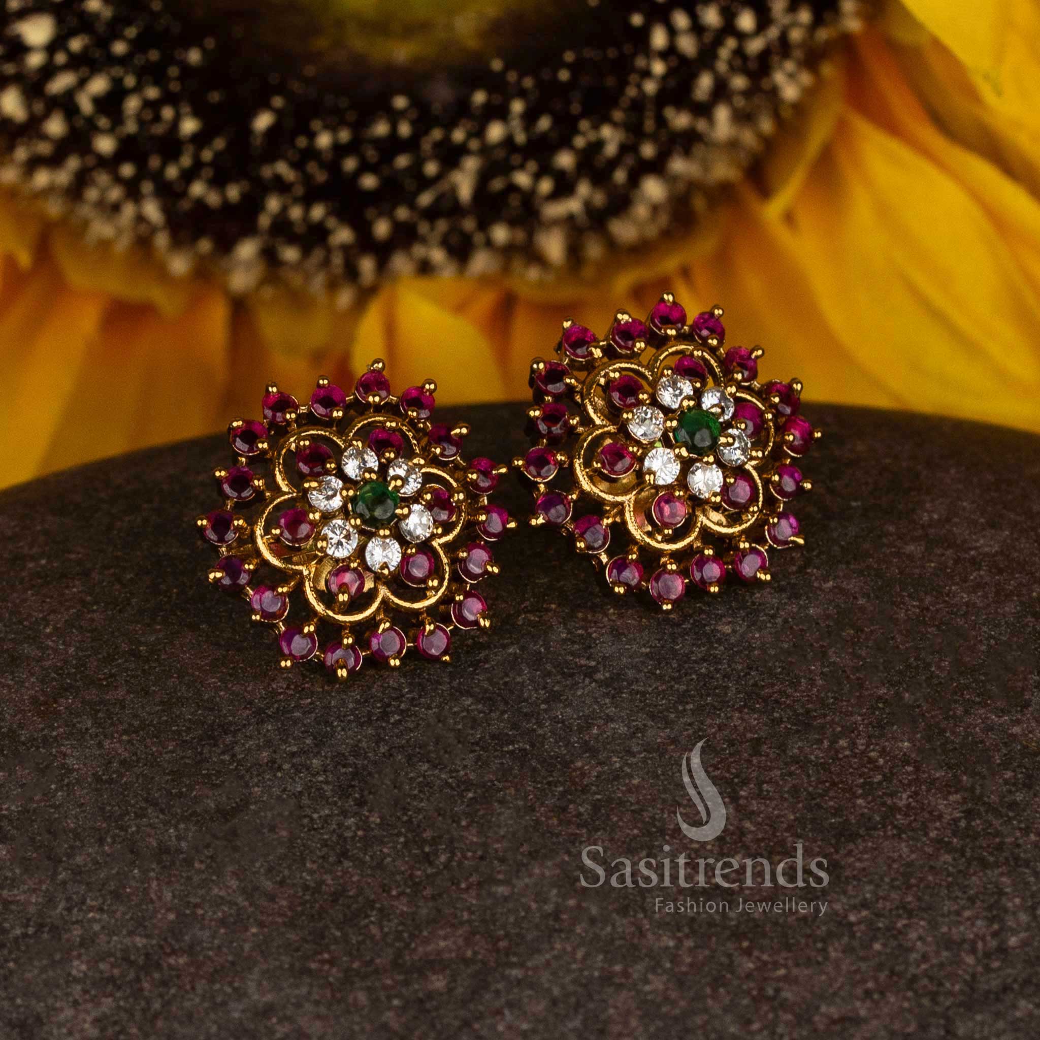 Ethereal bloom matte gold plated temple circular stud earrings featuring Multi stone highlights for festive radiance - Sasitrends