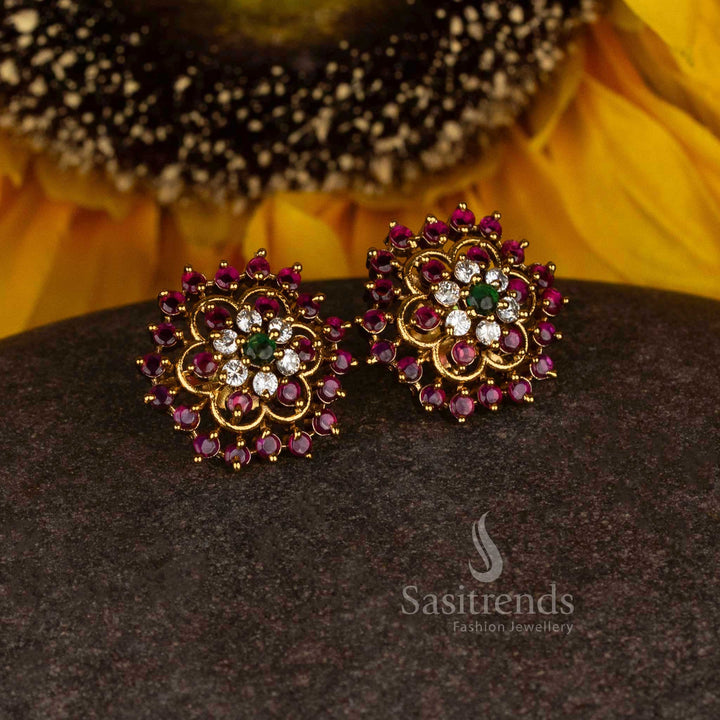 Ethereal bloom matte gold plated temple circular stud earrings featuring Multi stone highlights for festive radiance - Sasitrends