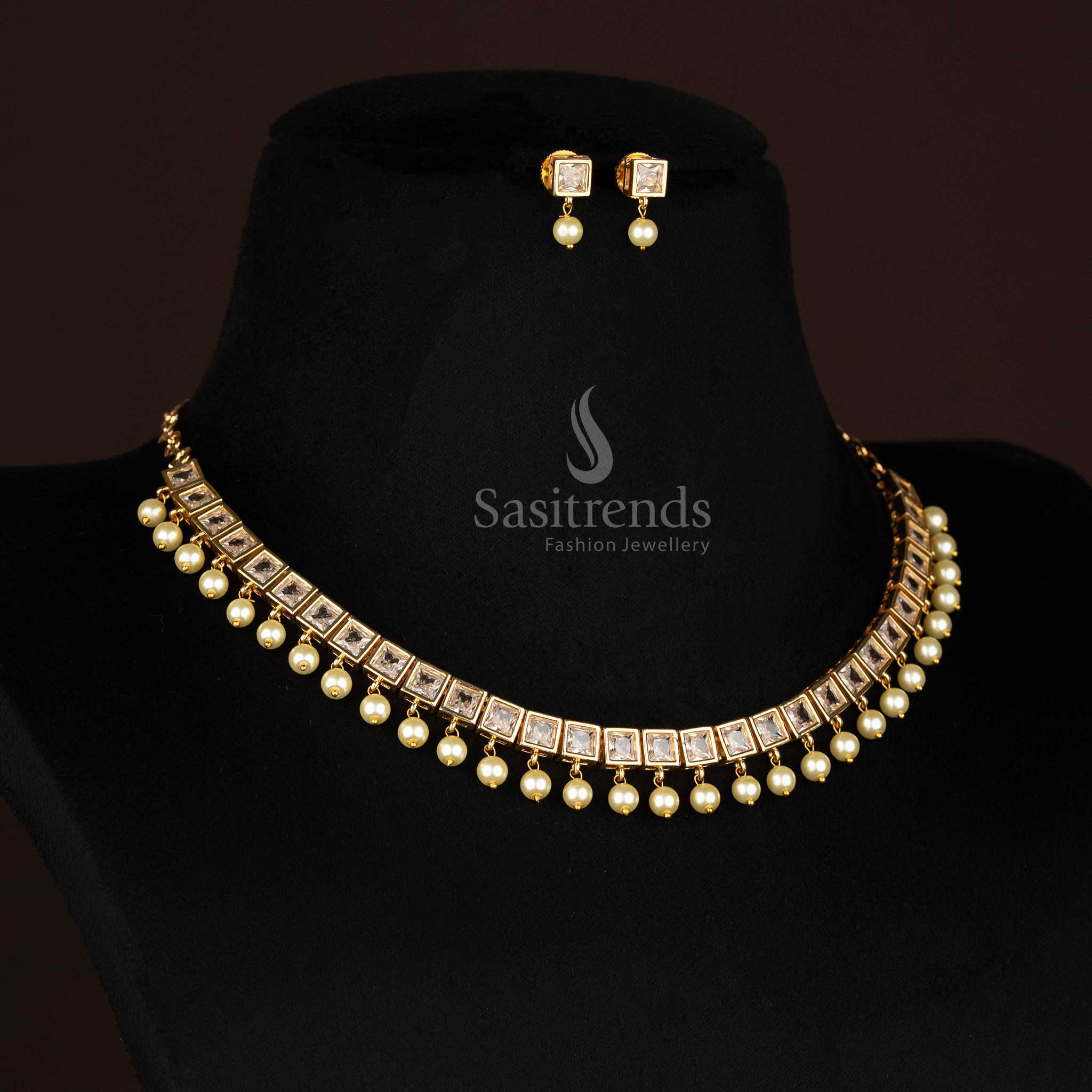 Timeless full-white American diamond square stone necklace with matching earrings and pearl drops, a festive jewellery set for women – Sasitrends