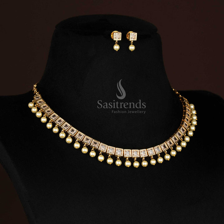 Timeless full-white American diamond square stone necklace with matching earrings and pearl drops, a festive jewellery set for women – Sasitrends