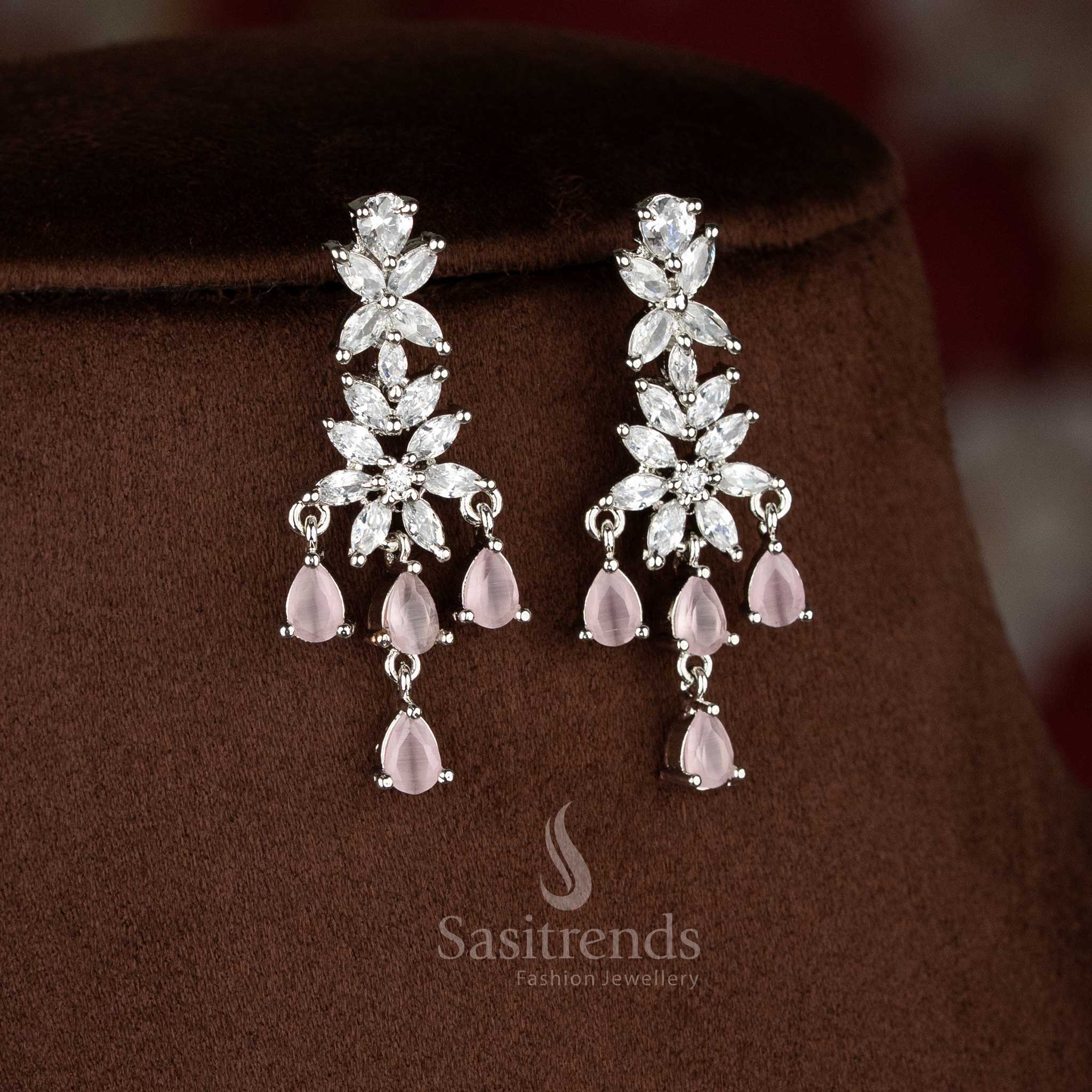 Glamour Petals rhodium silver plated pink American Diamond blush flora earrings for evening parties and festive soirees – Sasitrends