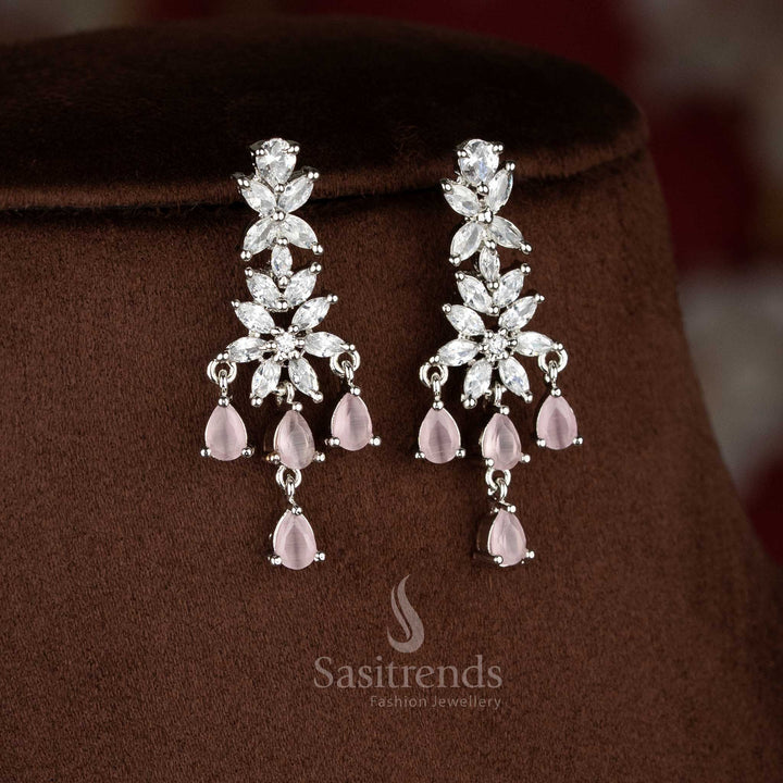 Glamour Petals rhodium silver plated pink American Diamond blush flora earrings for evening parties and festive soirees – Sasitrends