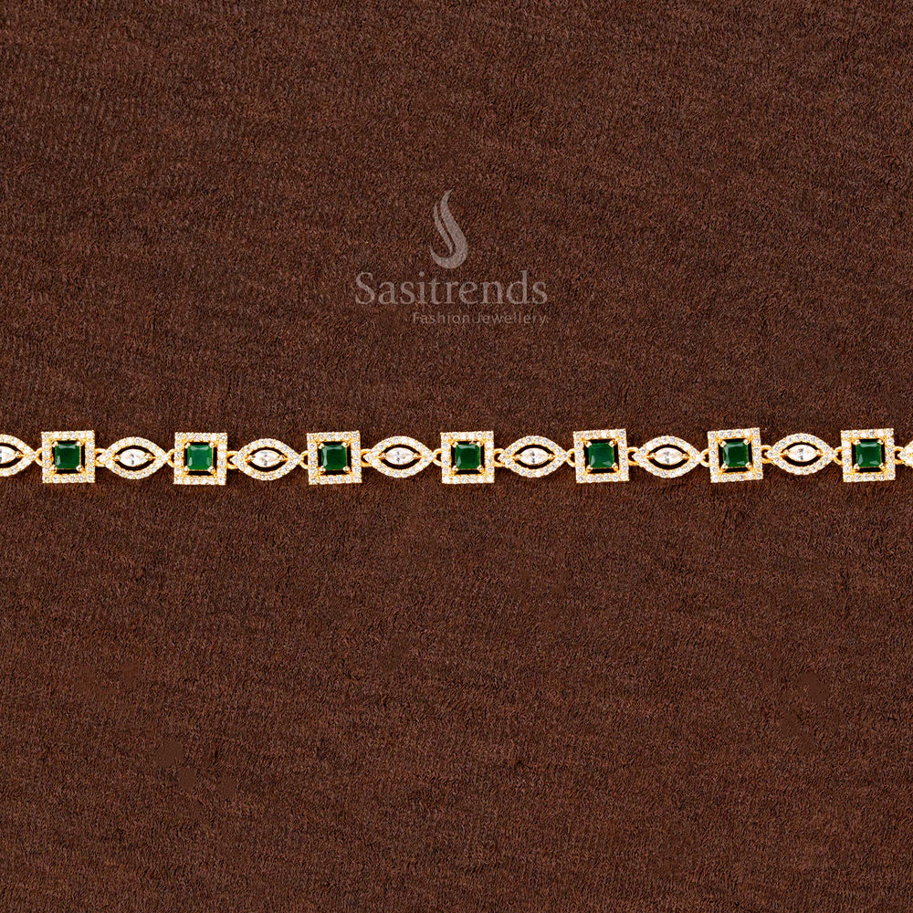 Emerald green gold-plated waist chain adorned with shimmering American diamonds, an intricate square and navette stone design, and a regal finish—perfect for weddings and bridal fashion - Sasitrends
