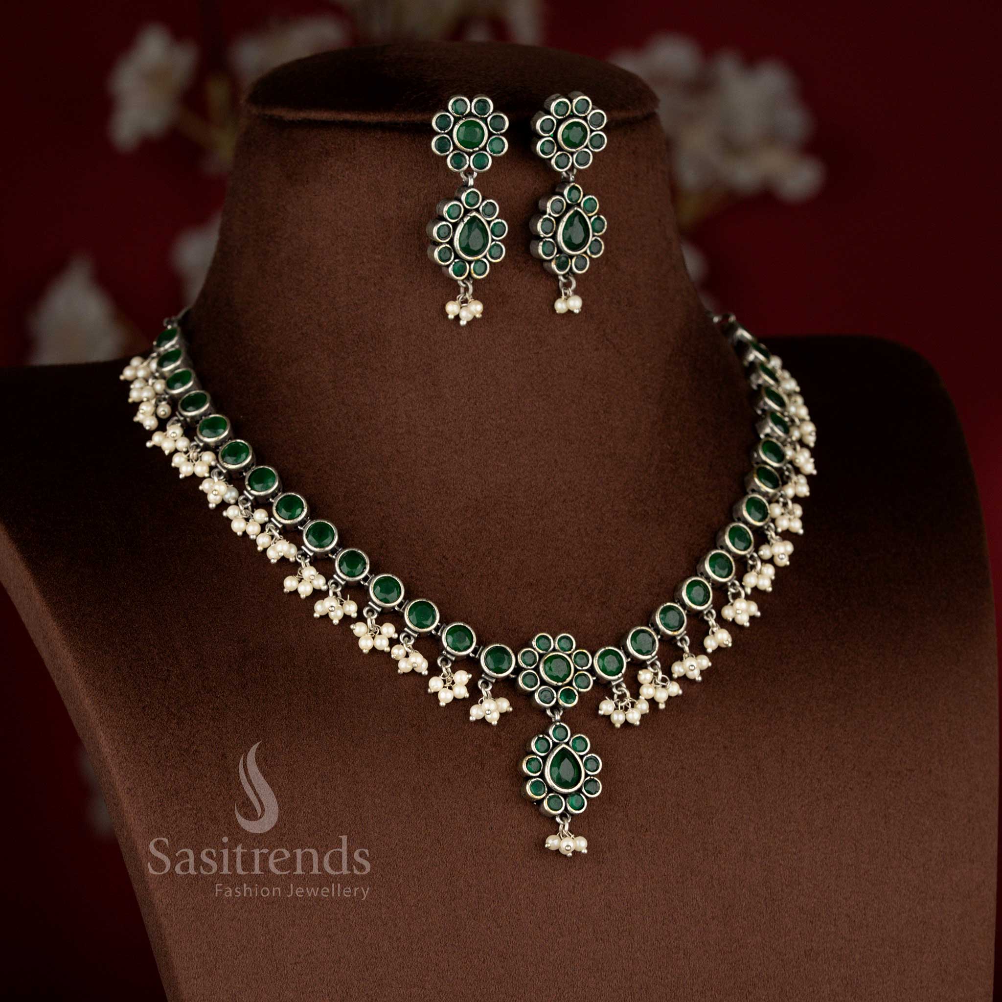 Heritage green oxidised stone floral pearl drop necklace jewellery set built with a classic traditional framework ideal for pooja rituals and festivals – Sasitrends