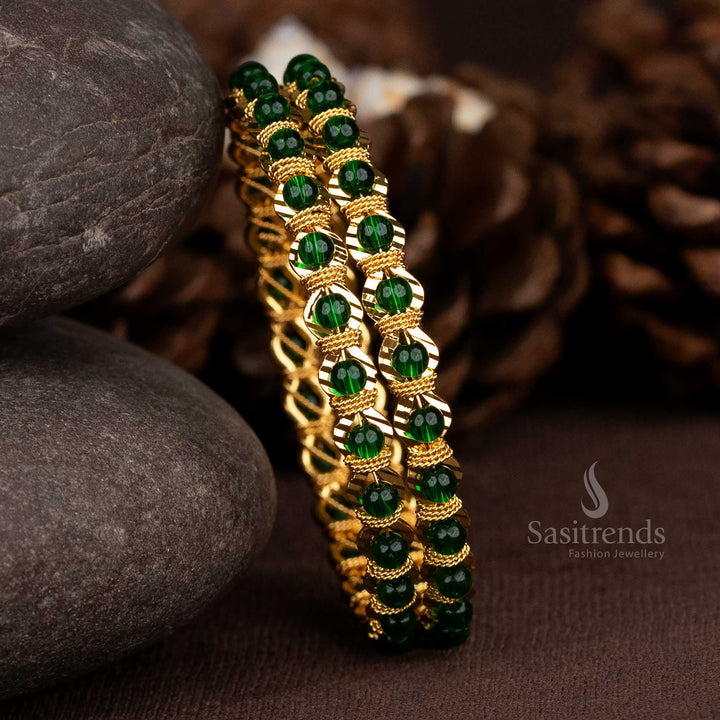 Elegant traditional wear micro gold plated green pearl bangles designed with cultural grace, ideal for ethnic occasions and festive saree jewellery – Sasitrends