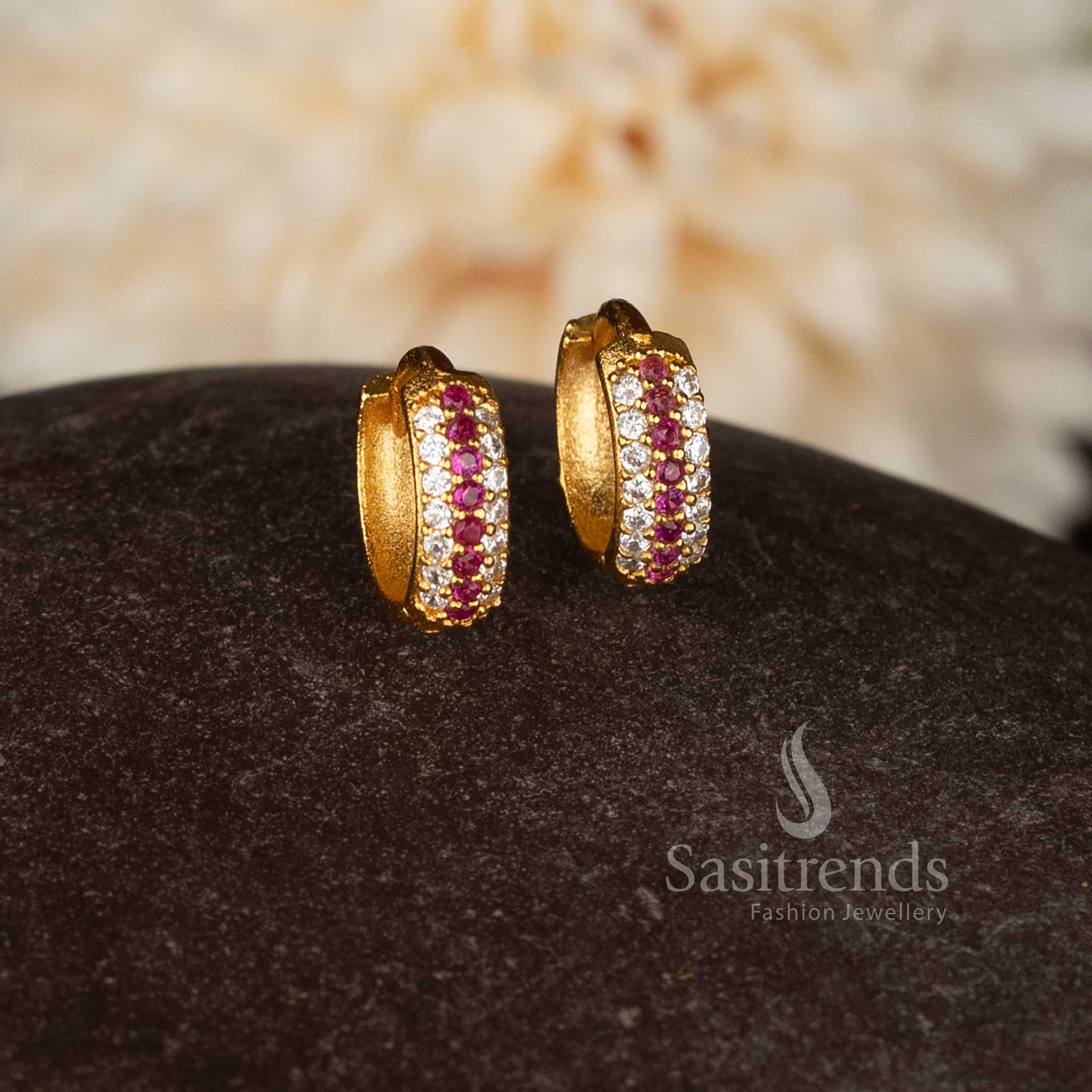 Classic guaranteed micro gold plated AD ring style hinged studs earrings in white-ruby for women, ideal for ethnic and traditional wear – Sasitrends