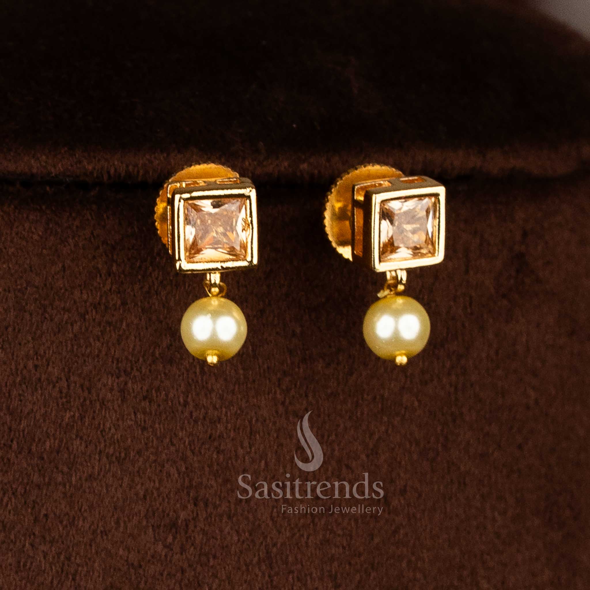 American diamond square stone honey tone earrings with pearl hangings for contemporary elegance jewellery - Sasitrends