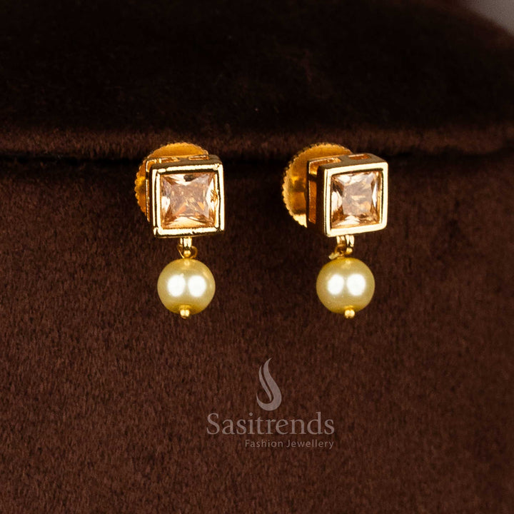 American diamond square stone honey tone earrings with pearl hangings for contemporary elegance jewellery - Sasitrends