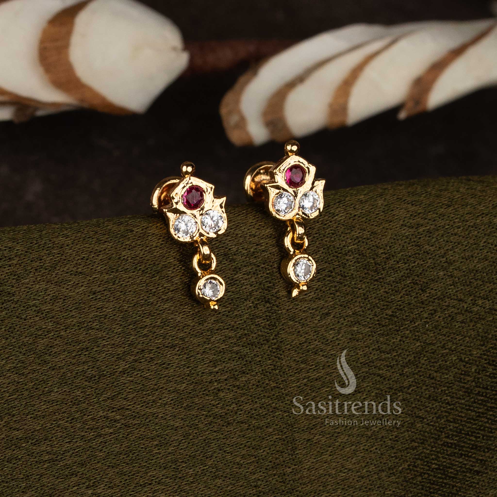 Elegant impon addigai micro gold plated white ruby AD stone floral drop stud earrings for temple wear and traditional saree styling – Sasitrends