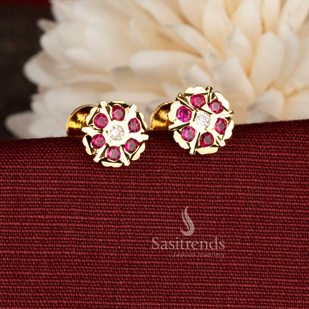 Vibrant Impon micro gold ruby white highlight floral circle screw back AD stud earrings crafted for expressive fashion moments – Sasitrends