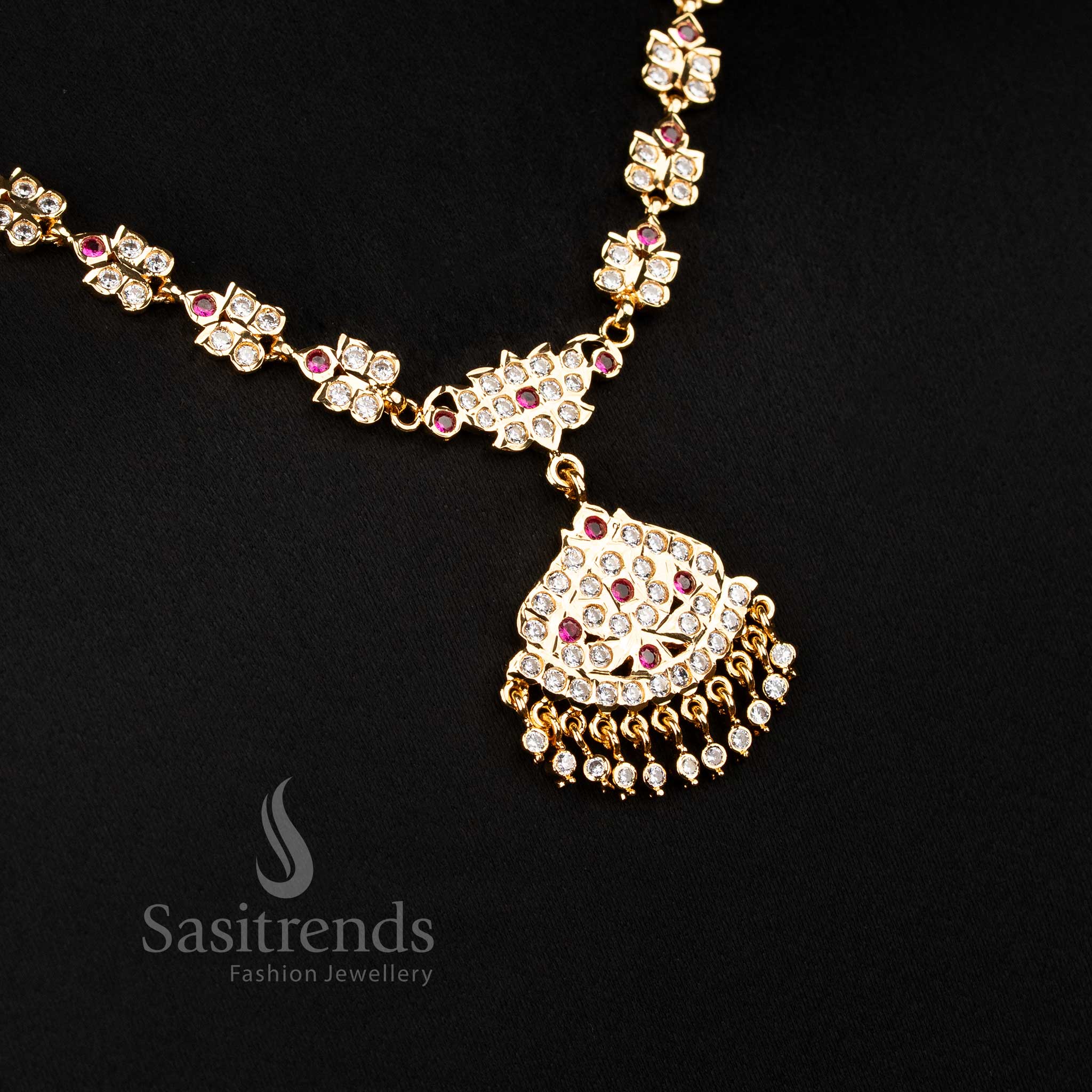 Charming one gram micro gold plated Impon white-ruby AD stone necklace for women with elegant pendant and hanging beads for festive elegance – Sasitrends
