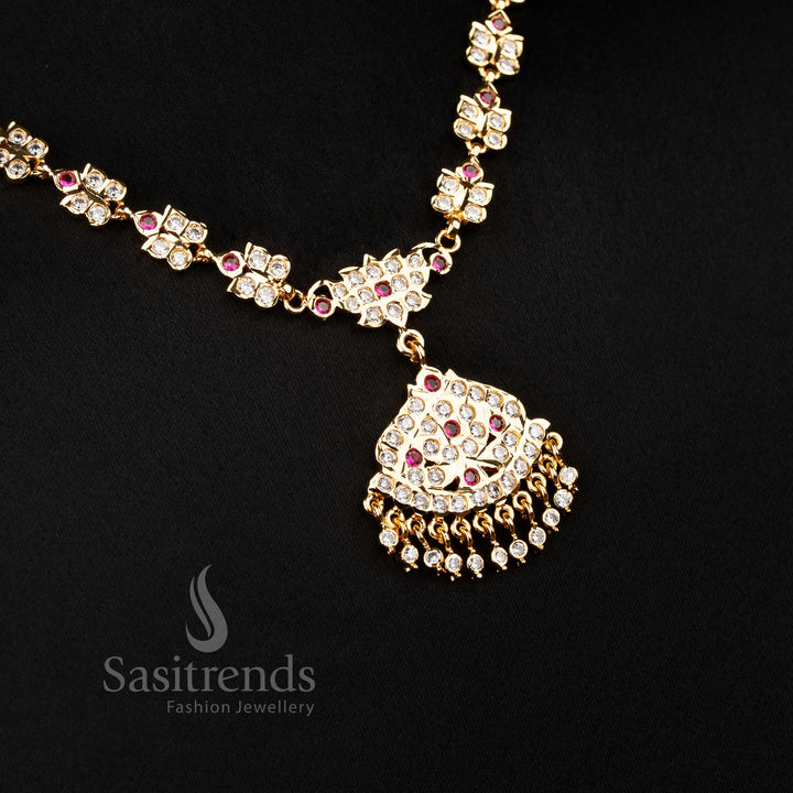 Charming one gram micro gold plated Impon white-ruby AD stone necklace for women with elegant pendant and hanging beads for festive elegance – Sasitrends