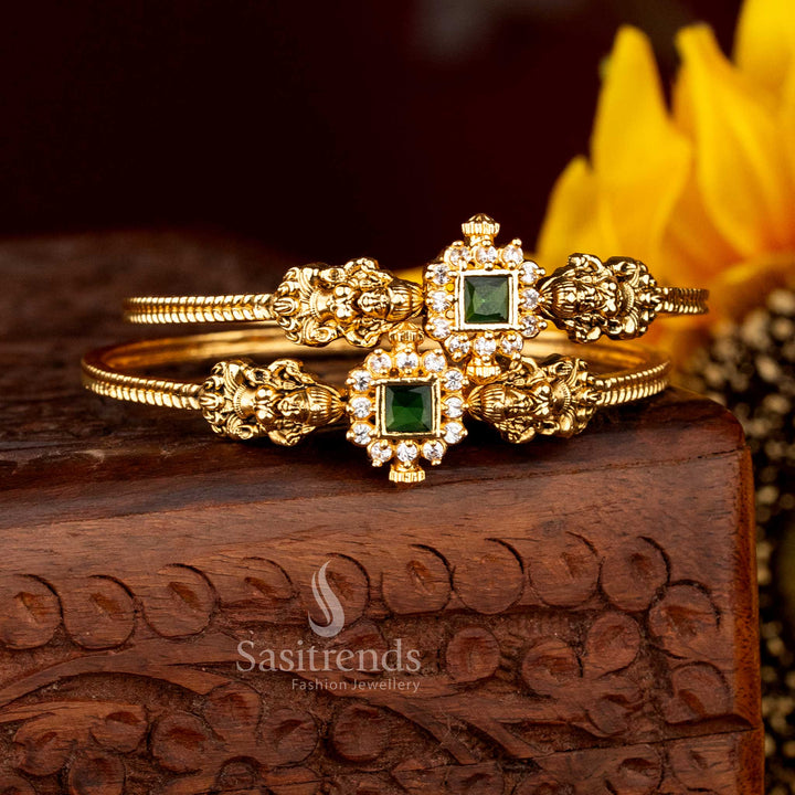 Royal white-green goddess Lakshmi temple matte gold plated kada bangles crafted for bridal jewellery, festive dressing, and traditional ethnic styling - Sasitrends