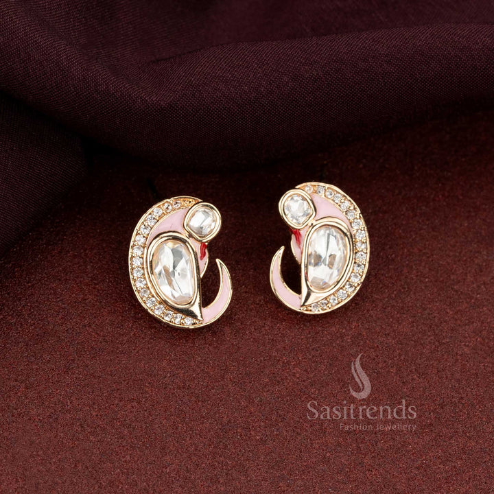 Light Pink Paisley Mango Design Kundan Stone Stud Earrings With Enamel And Curved Swirl Finish For Festivals - Sasitrends