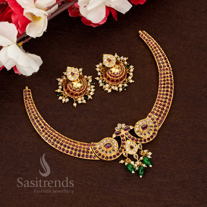 Charming Ruby-White Matte Gold Floral AD Stone Necklace Set designed for saree and temple occasions, showcasing divine artistry and cultural charm — Sasitrends