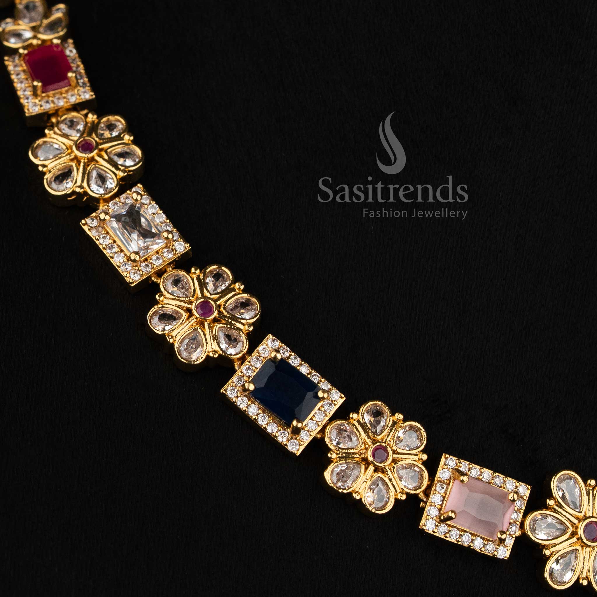 Serene matte gold plated necklace set featuring rectangular multi AD stones and elegant floral elements, ideal for enhancing traditional ceremonial fashion – Sasitrends