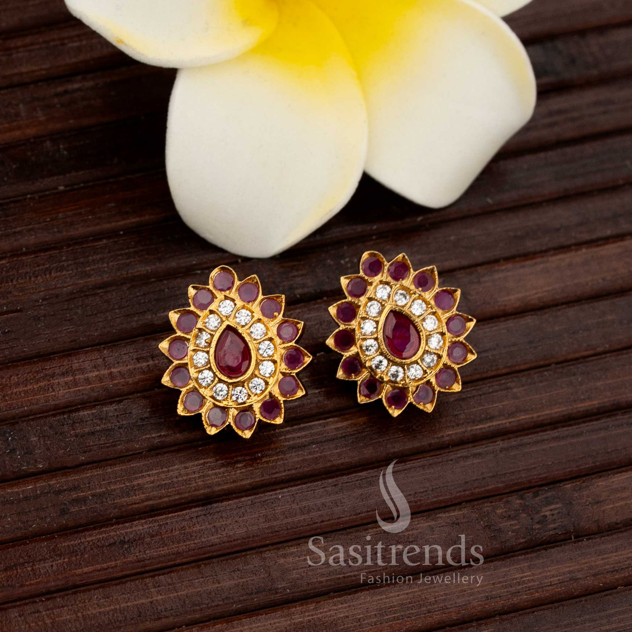 Heritage Matte Gold Teardrop Stud Earrings With American Diamond Stones And Delicate Artistic Design – Luxurious Jewellery Set For Ethnic Fashion Lovers - Sasitrends

