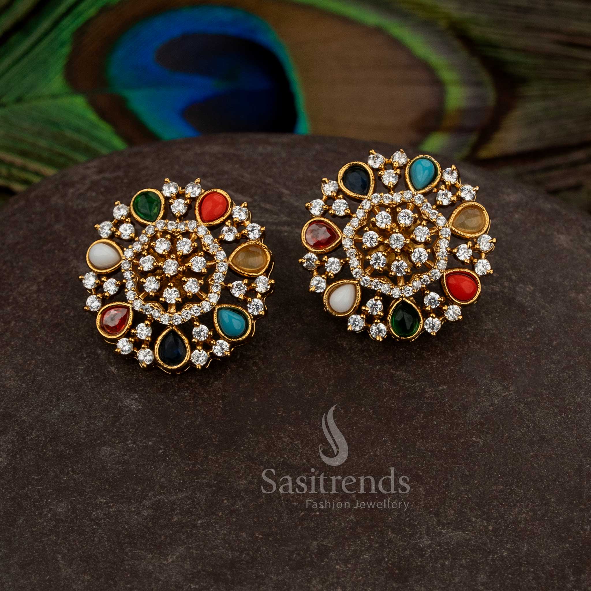 Sacred matte gold white pavalam temple teardrop stud earrings enhanced with round American diamond detailing - Sasitrends