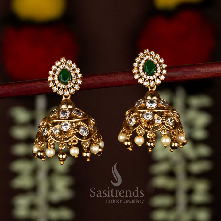 Beautiful Matte Gold Plated Teardrop AD Stone Dome Jhumka Earrings with Pearl Drops – Temple & Bridal Wear