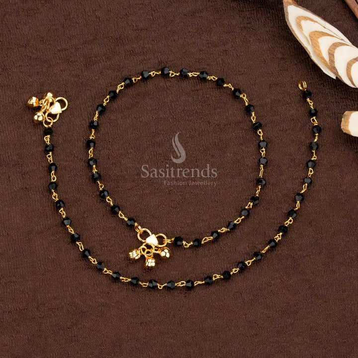 Elegant Micro Gold Plated Traditional Black Beads Anklet Pair with Golden Ball Hangings – Elegant Bridal & Daily Wear Foot Jewellery - Sasitrends