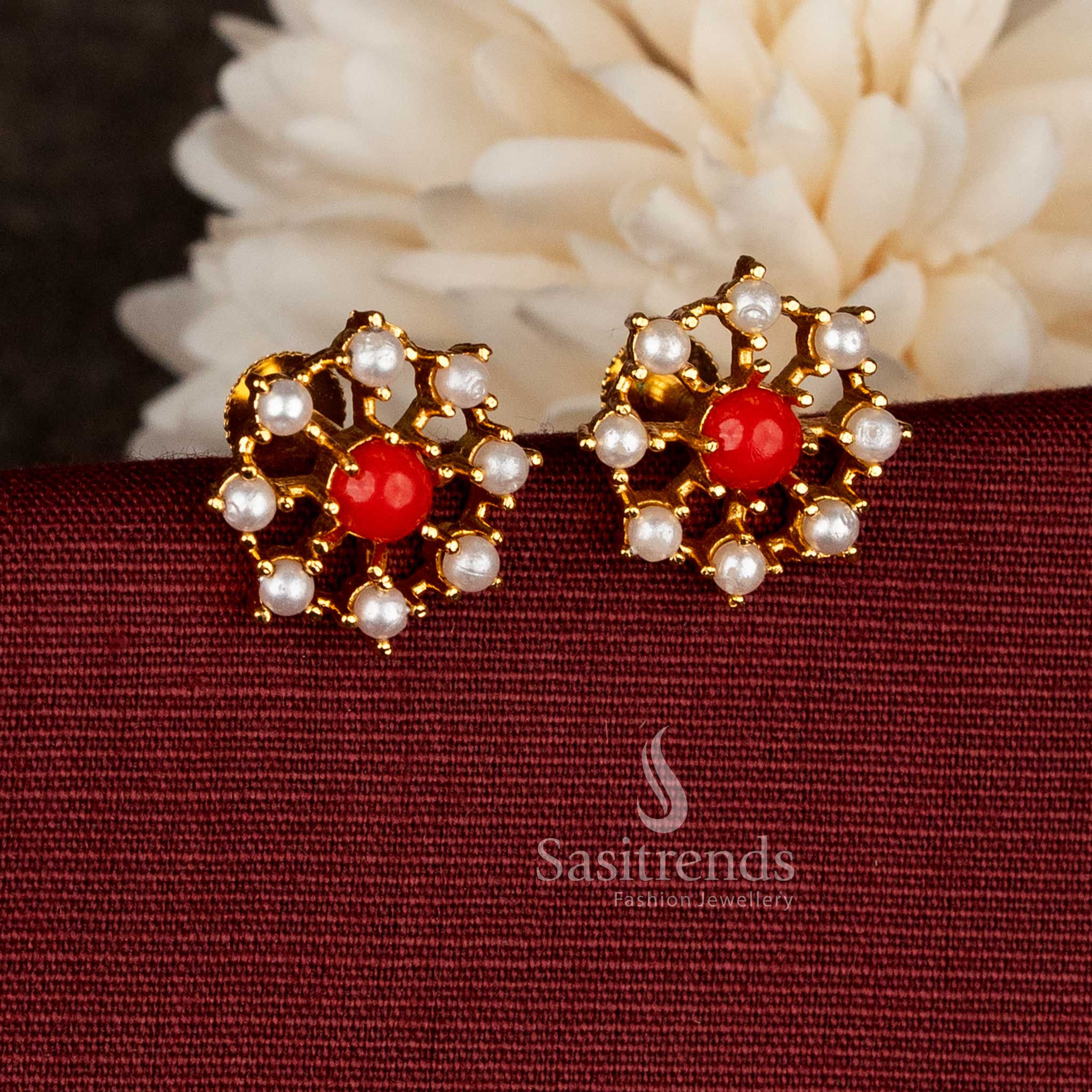 Vibrant micro gold plated AD pearl pavalam floral stud earrings designed with a colour-fusion charm that highlights both subtle pearl tones and bold pavalam hues – Sasitrends