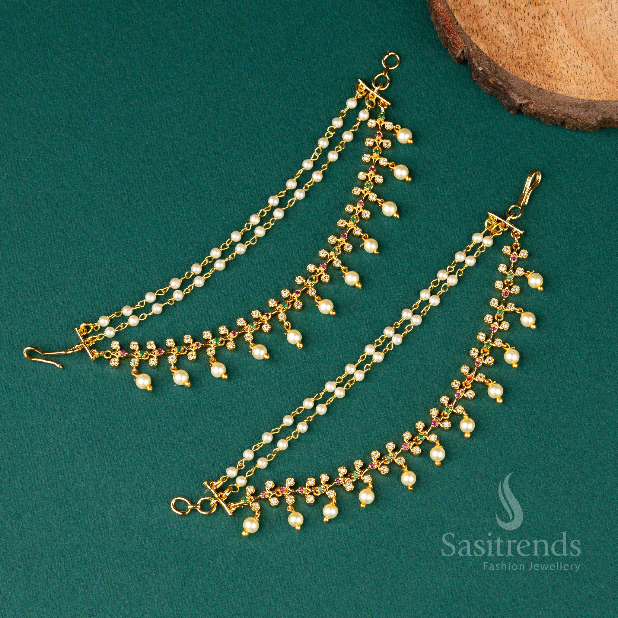 Exquisite Micro Gold Plated AD Stone Pearl Matil Ear Chain, Artisan Jewellery Masterpiece Created For Women’s Festive Occasions – Sasitrends