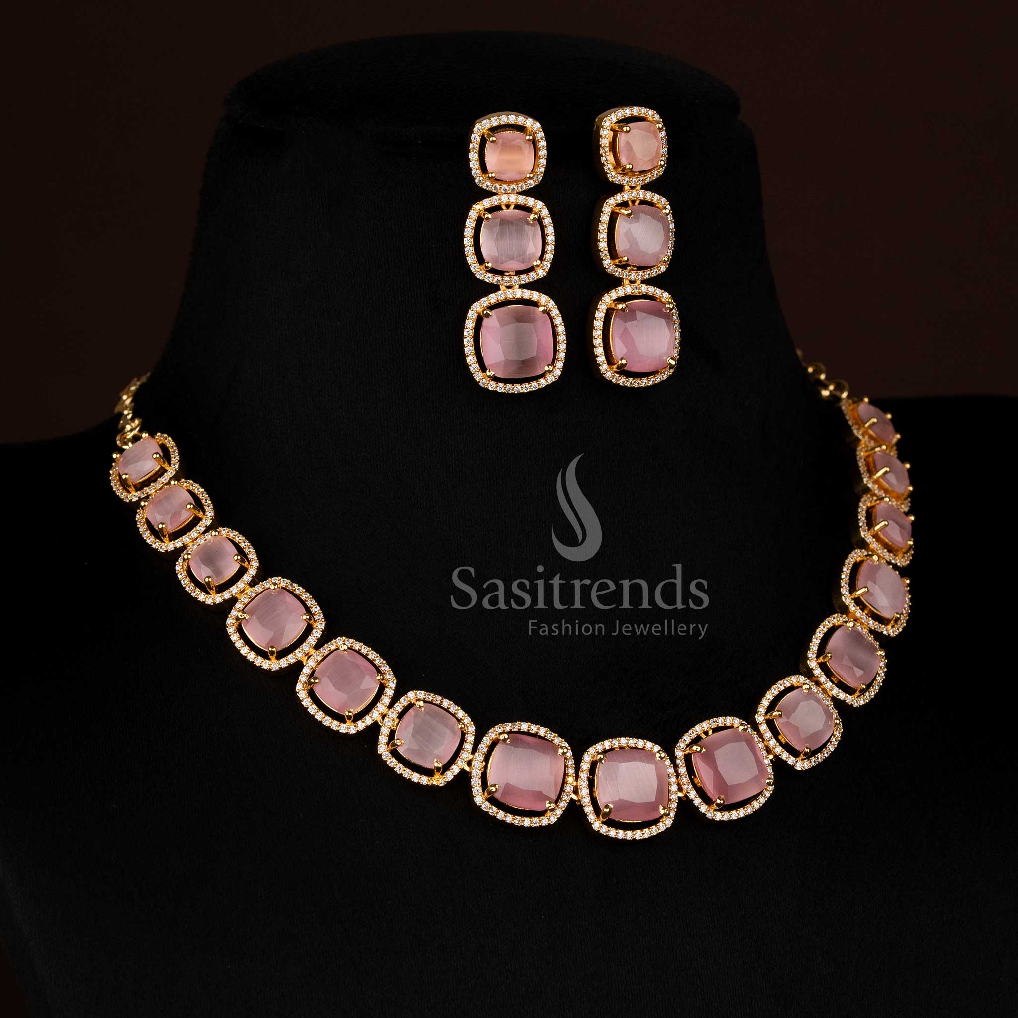 Gorgeous micro gold plated American Diamond pink square stone necklace set perfect for party fashion and modern glamour – Sasitrends