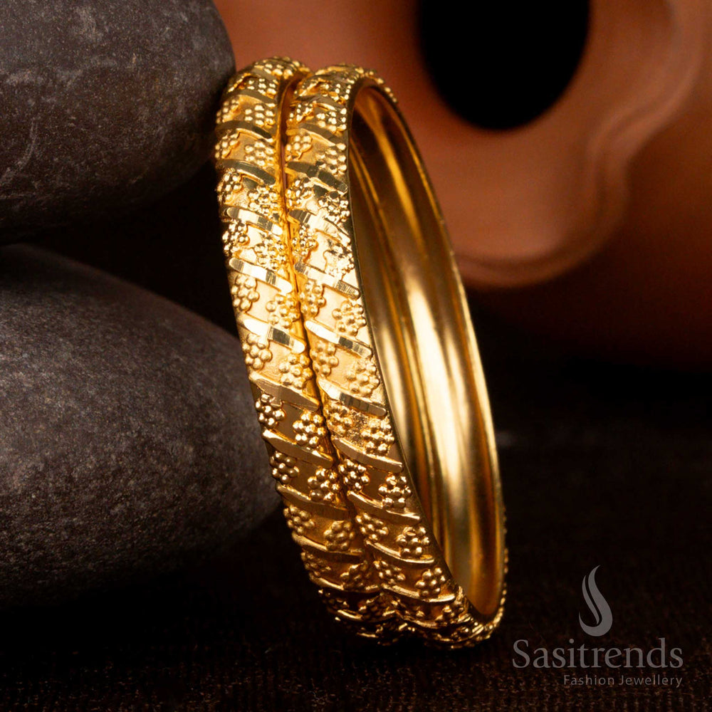 Ethereal forming micro gold plated duo of bangles reflecting pure artistry, styled beautifully for marriage saree ensembles – Sasitrends