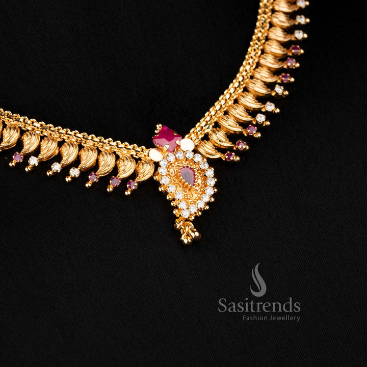Charming micro gold plated white ruby leaf fringe necklace with AD stone sparkle and hanging drops, ideal for party styling – Sasitrends