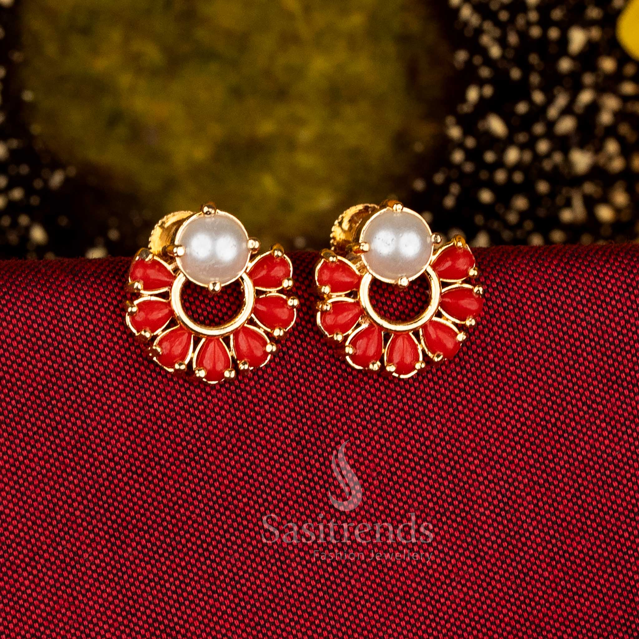 Exquisite micro gold plated pearl pavalam circular stone stud earrings combining twin tone charm for festive wear - Sasitrends