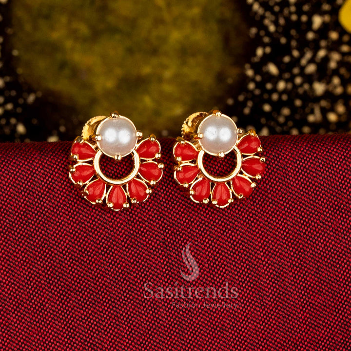 Exquisite micro gold plated pearl pavalam circular stone stud earrings combining twin tone charm for festive wear - Sasitrends