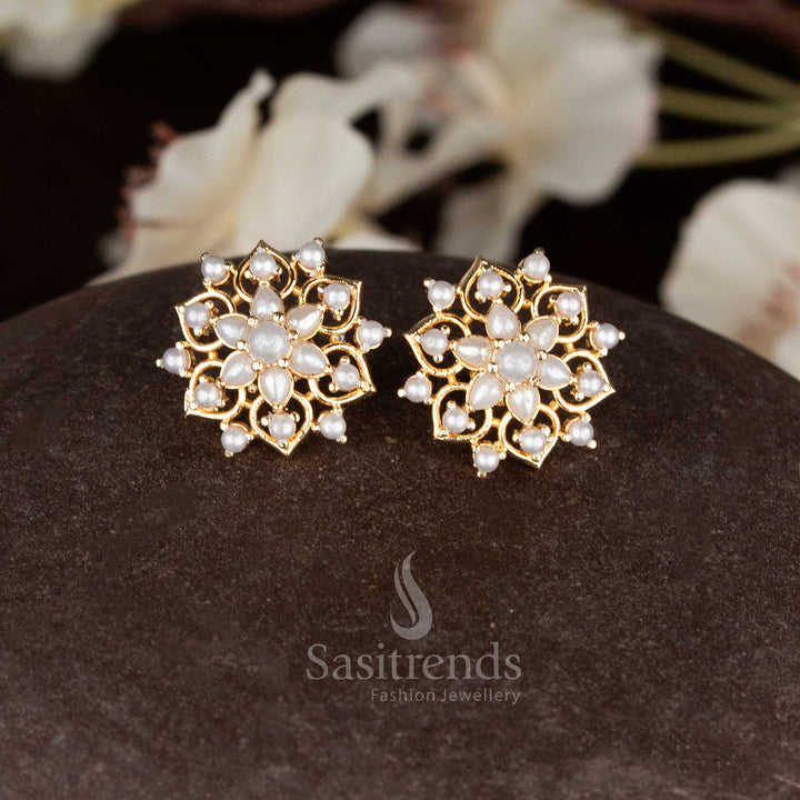 Majestic micro gold plated pearl teardrop floral stud earrings featuring shimmering finish and festive grace - Sasitrends