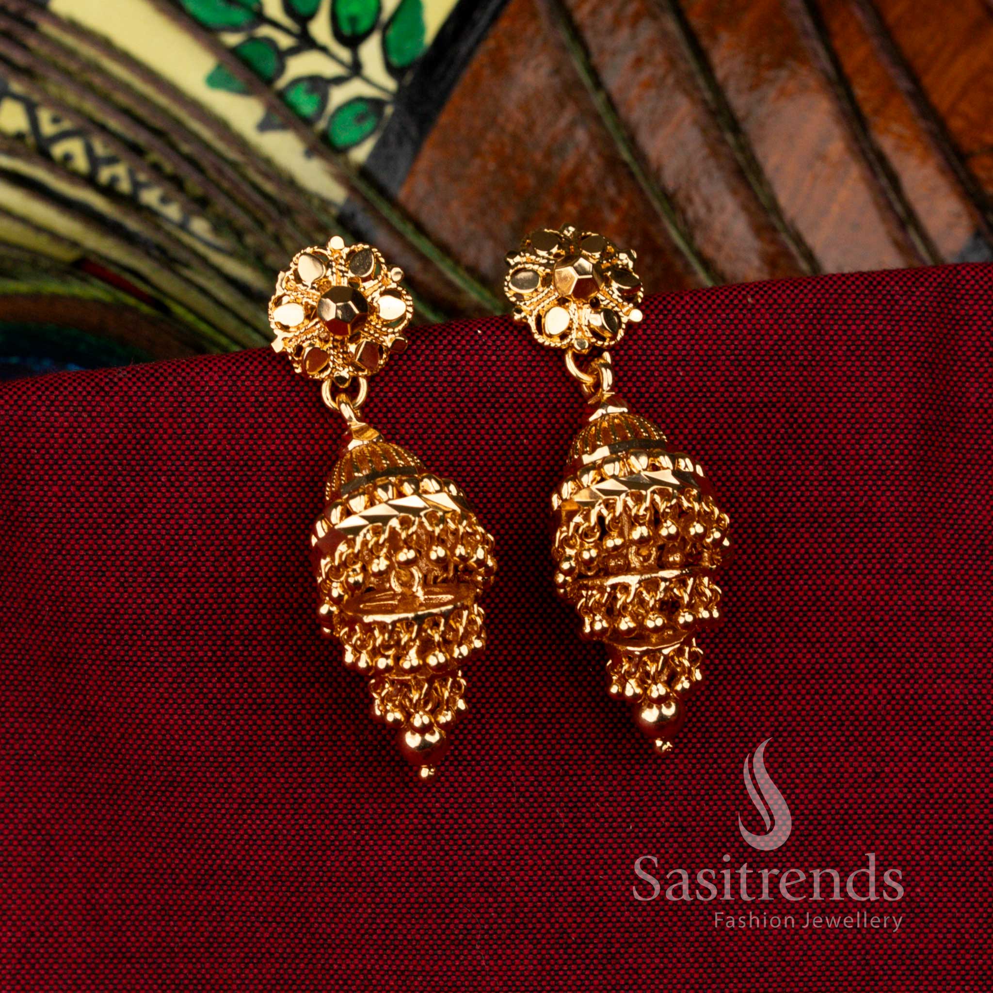  Micro Gold Plated Triple Step Temple Jhumka Earrings for Bridal and Cultural Events – Sasitrends