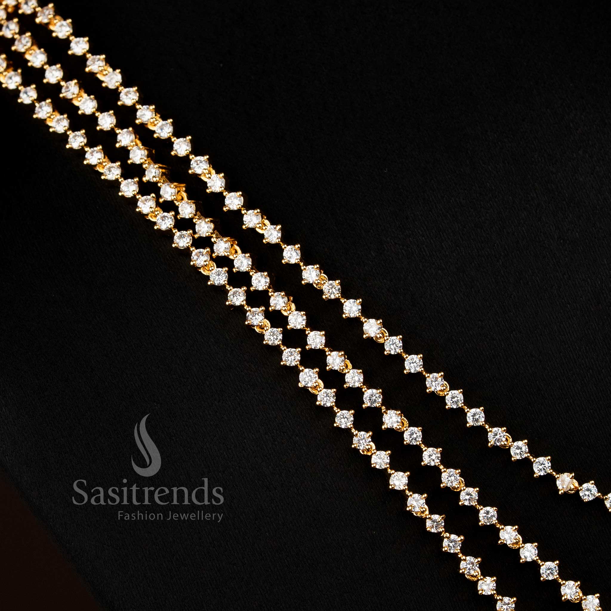 Elegant white American diamond micro gold plated three layer teardrop stone long necklace jewellery set crafted for festive glow – Sasitrends