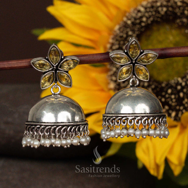 Elegant Olive Green Oxidised Floral Top Jhumka Earrings With Pearl Hanging And Antique Finish Traditional Handcrafted Jewellery - Sasitrends