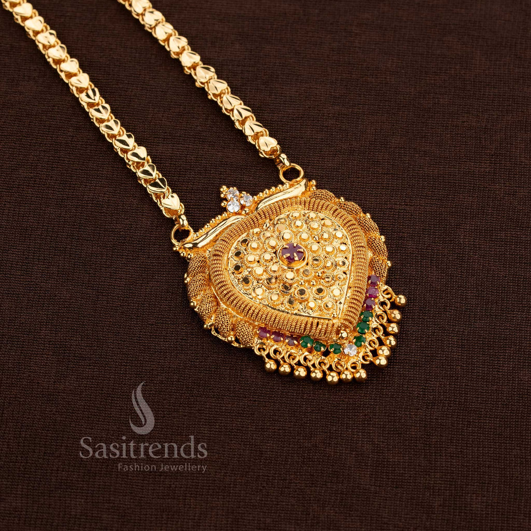 Elegant Micro Gold Plated Leaf Pattern Necklace With A Multi-Tone American Diamond Pendant, Paired With A Sleek Chain Design That Radiates Colourful Sophistication – Sasitrends