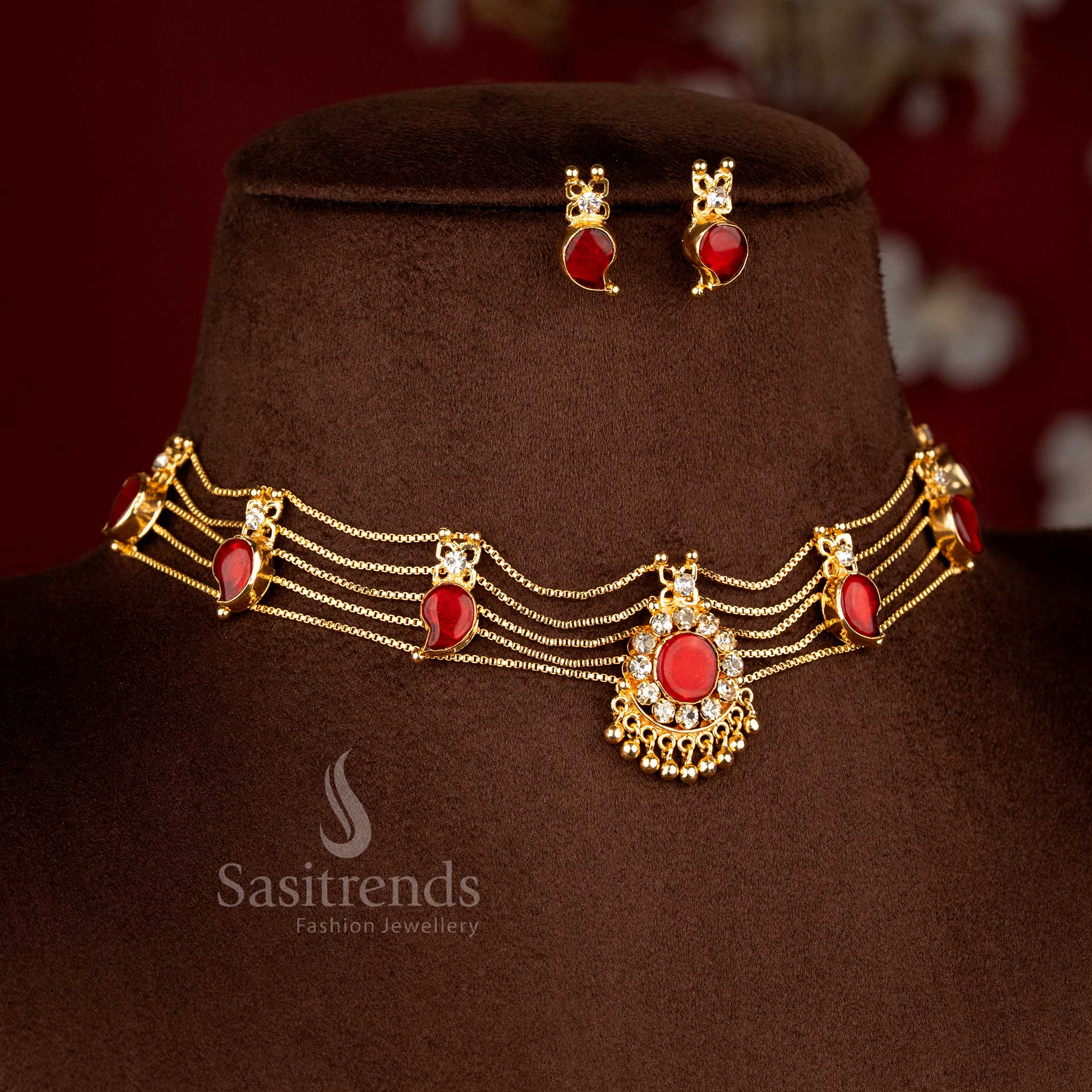Radiant Kerala mango motif choker necklace in Red with micro gold plating and intricate ethnic patterns for festive cultural celebrations - Sasitrends