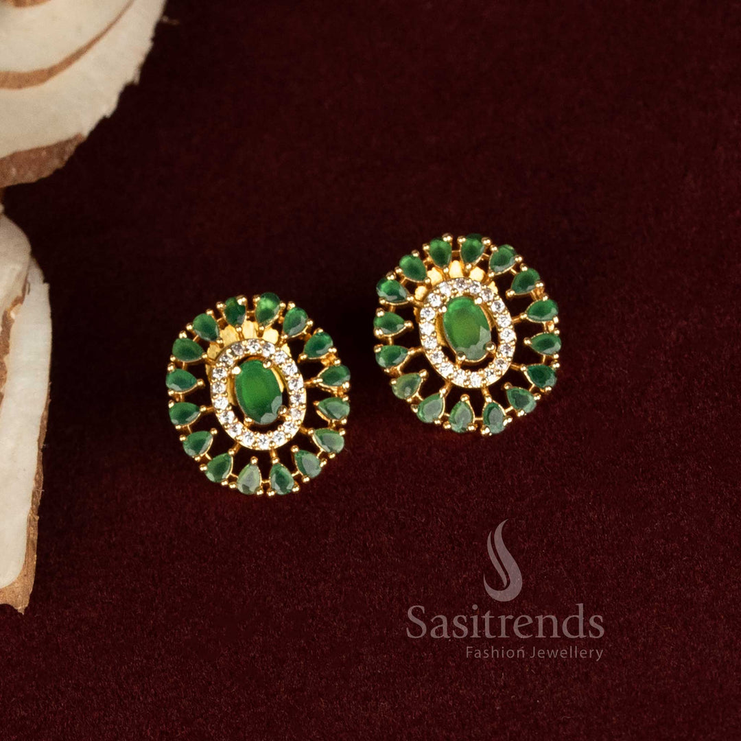 Radiant Green Oval Centre Stone Earrings Adorned With White American Diamond Halo And Micro Gold Plated Frame – Stylish Ethnic Fusion Jewellery For Parties – Sasitrends