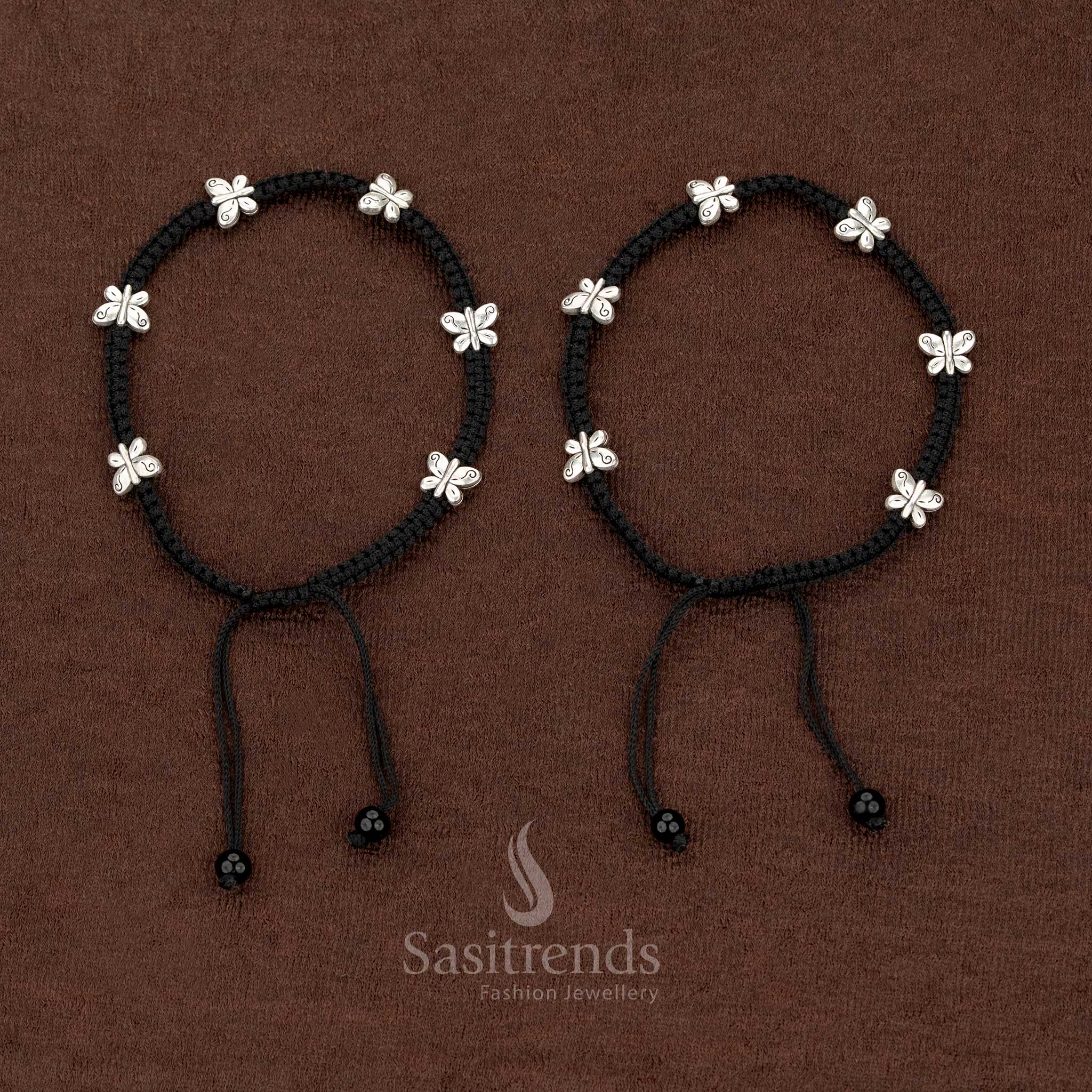 Elegant black thread anklet with butterfly figurine charm, stranded design suitable for college, travel, and everyday casual wear – Sasitrends