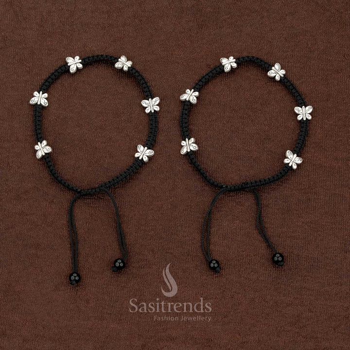 Elegant black thread anklet with butterfly figurine charm, stranded design suitable for college, travel, and everyday casual wear – Sasitrends