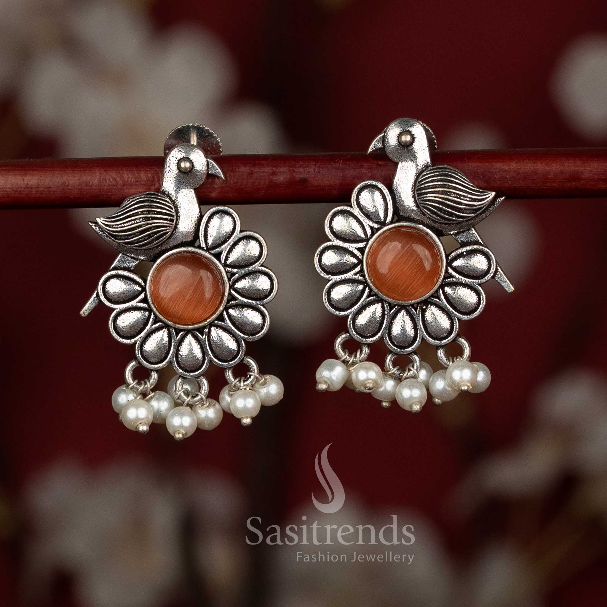 Oxidised German Silver Parrot Pattern Earrings with Monalisa Stone