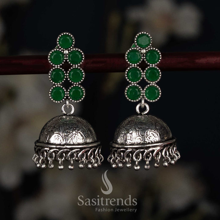Classic oxidised round stone jhumka earrings green colour for temple visits Sasitrends