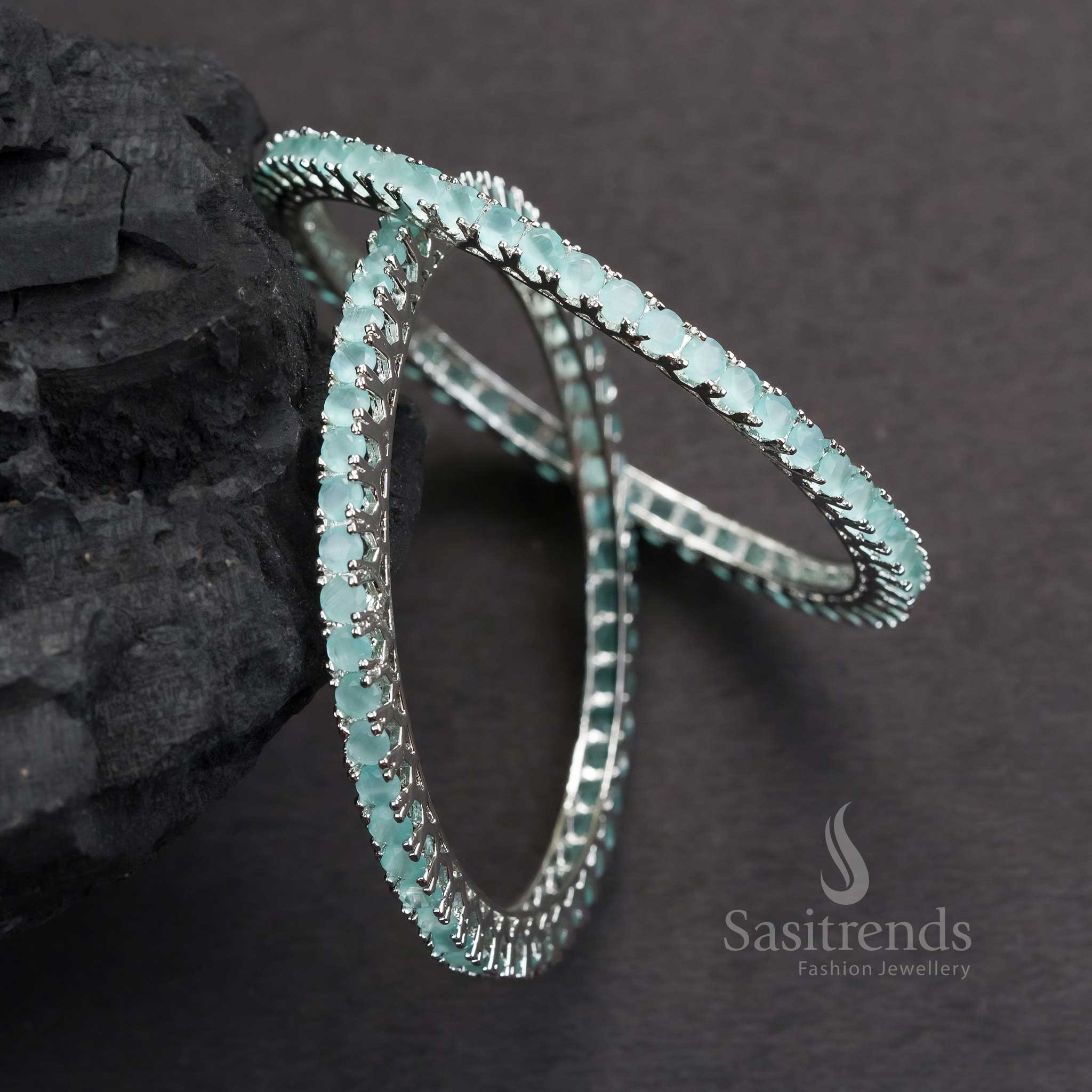 Trendy Rhodium Silver Plated Bangles With Mint American Diamond Stones For Party Wear And Shimmering Finish Jewellery - Sasitrends