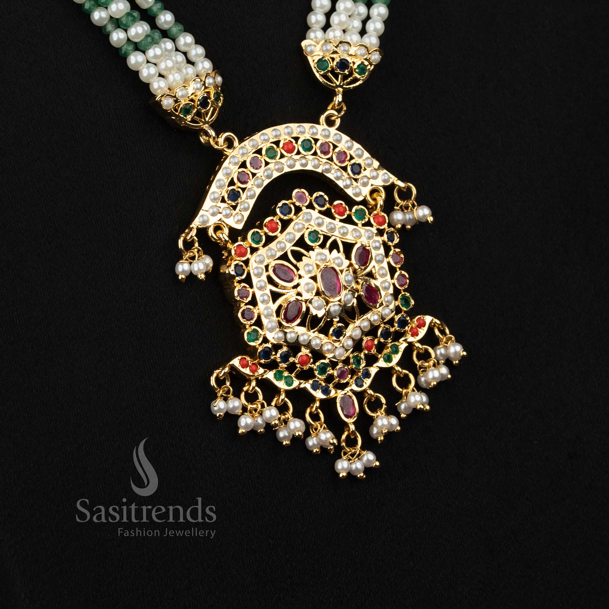 Graceful pearl navarathna American Diamond hexagonal pendant pearl long necklace suited for contemporary styling - Sasitrends