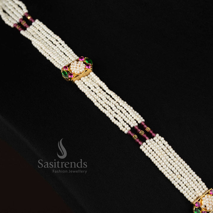 Radiant pearl ruby green American Diamond butterfly wings pearl long necklace ideal for elegant outings - Sasitrends