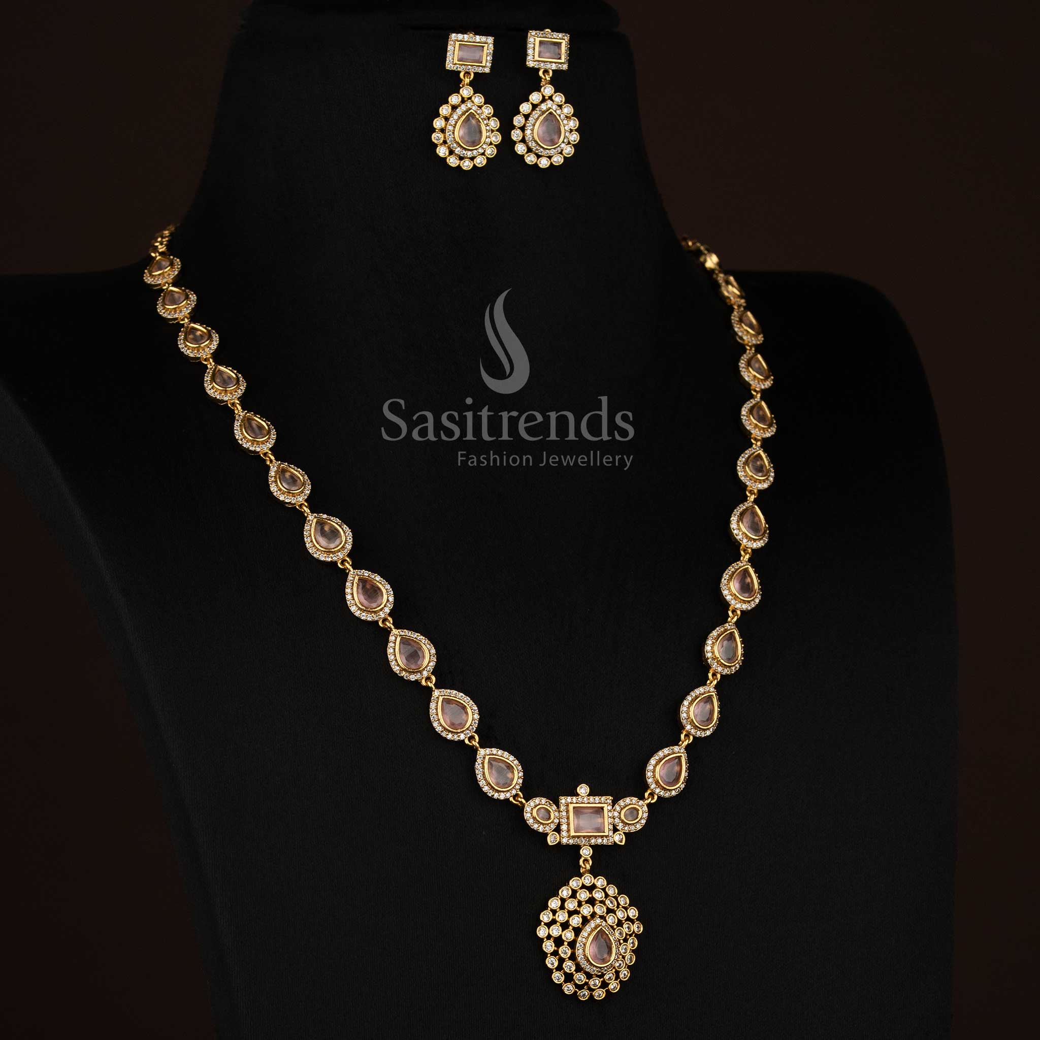 Elegant pink American Diamond matte gold plated teardrop rectangle motif long necklace for stylish functions - Sasitrends